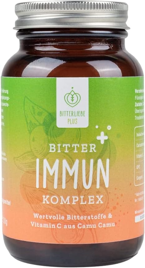 Produktbild von Bewertung BitterLiebe Bitter Immun Komplex mit natürlichem Vitamin C aus Camu Camu plus OPC Traubenkernextrakt hochdosiert 90 vegane Kapseln mit Kurkuma und Ingwer