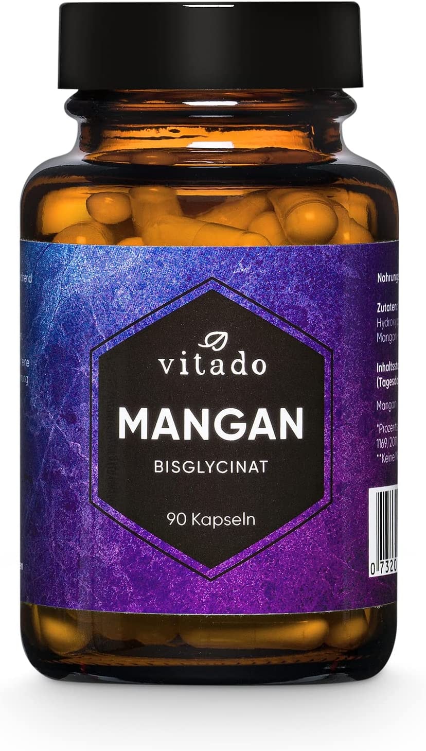 Produktbild von vitado - Mangan Kapseln hochdosiert - 5 mg als Mangan Bisglycinat - Laborgeprüft - 90 Kapseln im Glas - Vegan