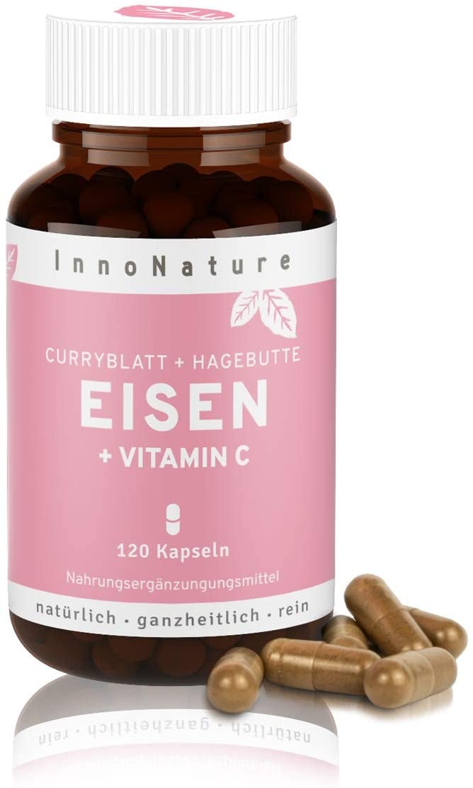 Produktbild von Bewertung InnoNature Natürliches Eisen Vitamin C aus Curryblatt-Extrakt und Hagebutte-Extrakt 14 - 28mg reines Eisen und 80 - 160mg Vitamin C pro Tagesdosis.120 Kapseln im 2-4 Monatsvorrat. Vegan + hergestellt in DE.