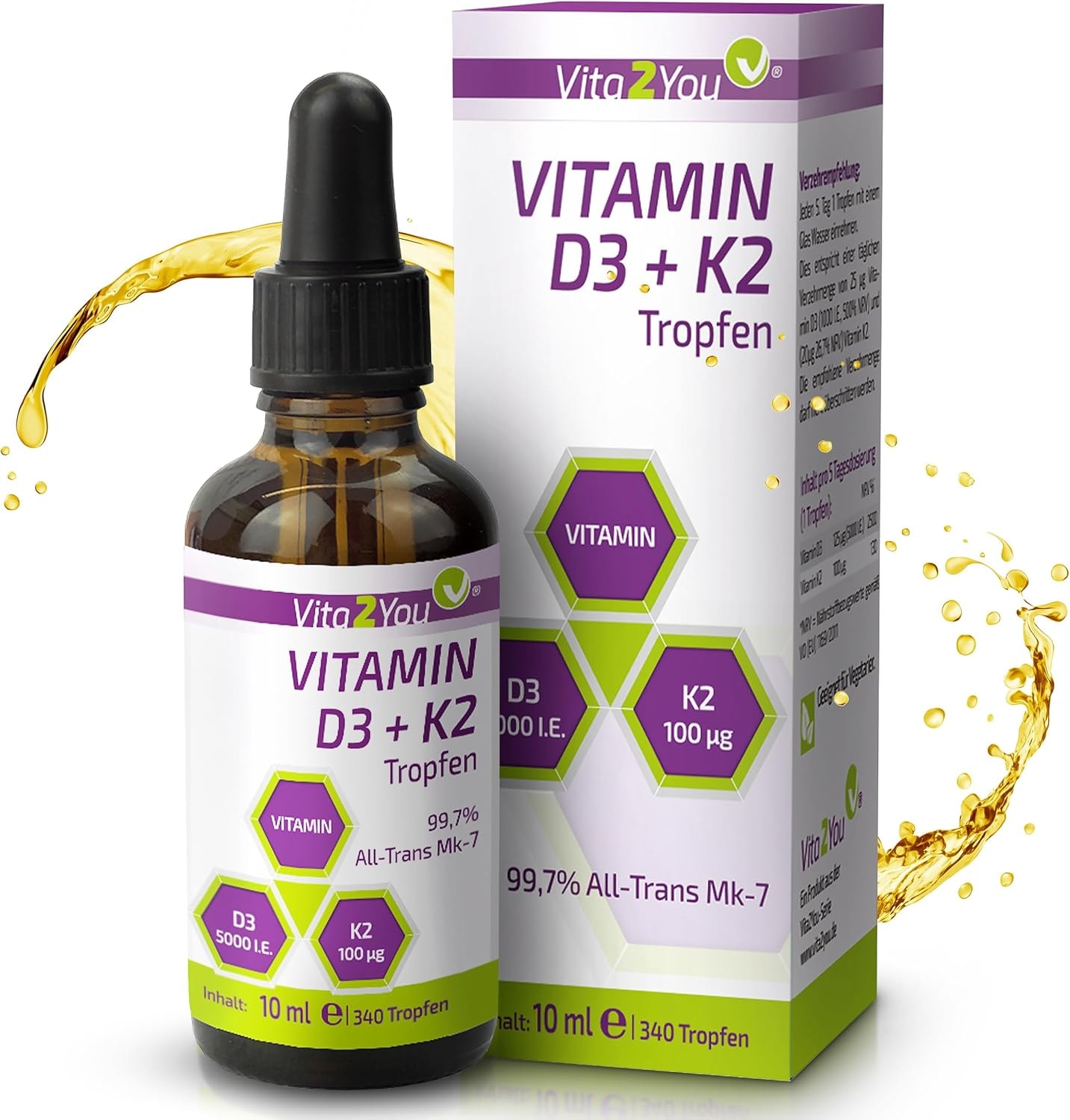 Produktbild von Bewertung Vita2You Vitamin D3 Vitamin K2 Tropfen Vitamin D3 5000 IE Vitamin K2 100µg pro Tropfen K2VITAL MK-7-99,7% All-Trans - MCT-Öl - Premium Qualität - Made in Germany