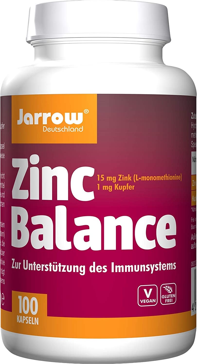 Produktbild von Zinc Balance 15 mg, vegan, Zink-Methionin-Komplex mit Kupfer (Verhältnis 15:1), 100 geschmacksneutrale Kapseln, optimal bioverfügbar, Jarrow Deutschland