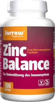 Produktbild von Zinc Balance 15 mg, vegan, Zink-Methionin-Komplex mit Kupfer (Verhältnis 15:1), 100 geschmacksneutrale Kapseln, optimal bioverfügbar, Jarrow Deutschland