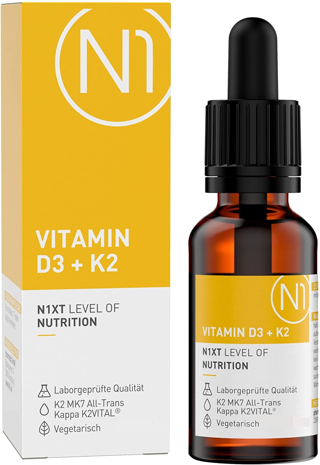 Produktbild von N1 Vitamin D3 K2 Tropfen - 1 Tropfen pro Tag - 735 Tropfen Premium D3K2: 99,7+% All-Trans (K2VITAL® von Kappa) + hoch bioverfügbares D3 - Laborgeprüft, hochdosiert, flüssig, optimal dosiert