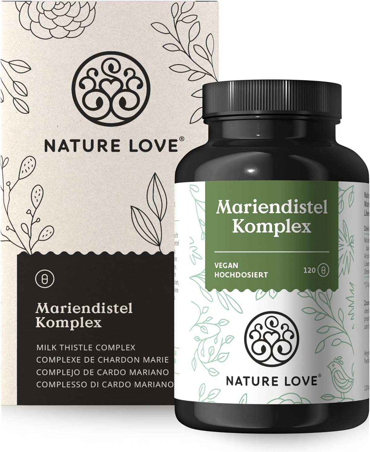 Produktbild von Bewertung NATURE LOVE Mariendistel Artischockenextrakt Löwenzahn Desmodium 4fach Komplex 120 vegane Kapseln hochdosiert mit 80% Silymarin laborgerprüft hochdosiert in Deutschland produziert