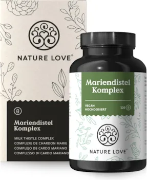 Produktbild von Bewertung NATURE LOVE Mariendistel Artischockenextrakt Löwenzahn Desmodium 4fach Komplex 120 vegane Kapseln hochdosiert mit 80% Silymarin laborgerprüft hochdosiert in Deutschland produziert