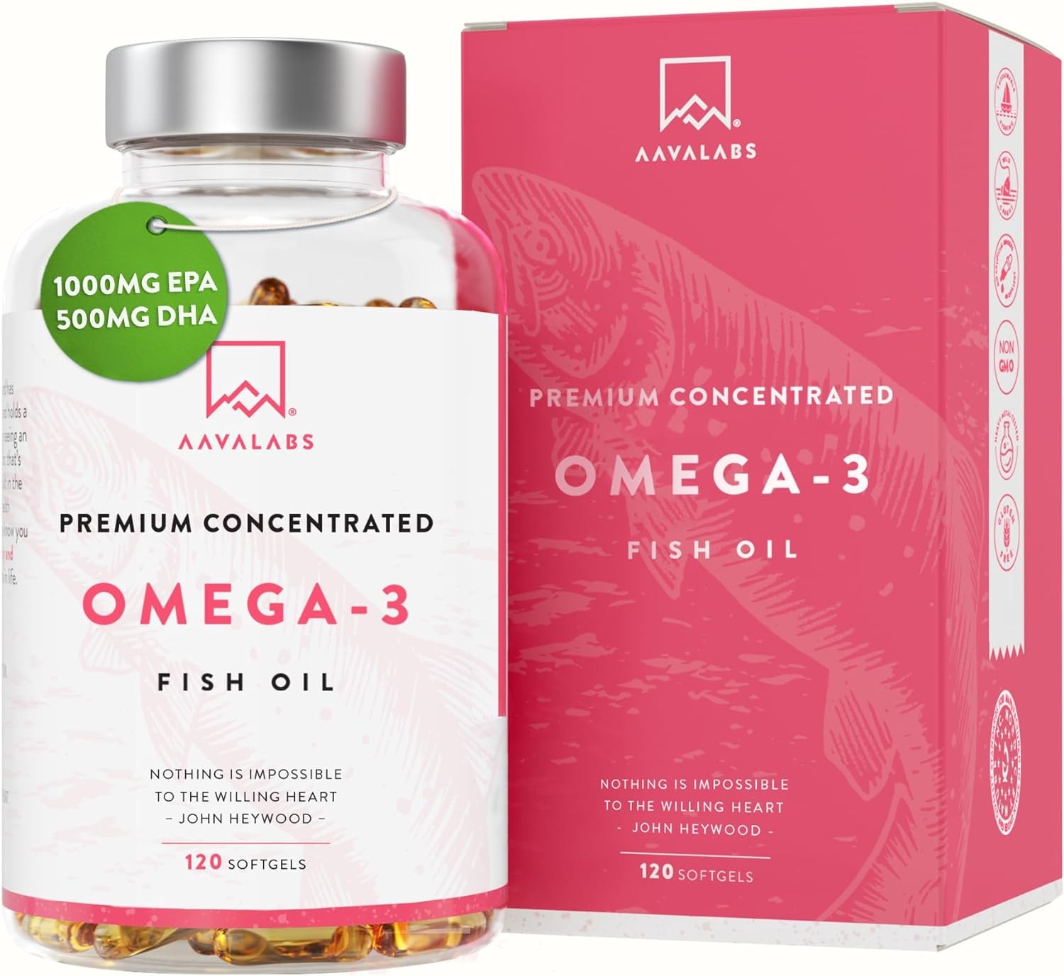 Produktbild von Bewertung AAVALABS Omega 3 Kapseln Hochdosiert 2000mg Öl 1000mg EPA und 500mg DHA pro Tagesdosis 2 Premium Kapseln Fettsäuren 120 Kapseln Fischöl 60 Tage