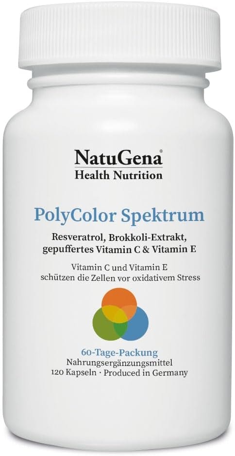 Produktbild von Bewertung NatuGena PolyColor Spektrum für Longevity und better-aging gegen oxidativen Stress hochdosiertes Vitamin E Trans-Resveratrol Quercetin gepuffertes Vitamin C Lycopin 120 Kapseln 60-Tage-Packung