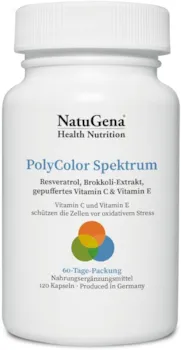 Produktbild von Bewertung NatuGena PolyColor Spektrum für Longevity und better-aging gegen oxidativen Stress hochdosiertes Vitamin E Trans-Resveratrol Quercetin gepuffertes Vitamin C Lycopin 120 Kapseln 60-Tage-Packung