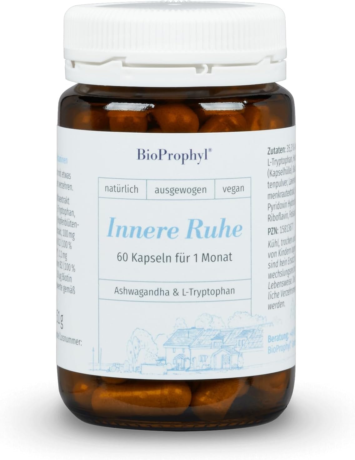 Produktbild von Bewertung BioProphy Innere Ruhe mit Ashwaghanda 5% Withanoliden Baldrian Hopfen und Lavendel  L-Tryptophan und B-Vitaminen zur Unterstützung der Psyche 60 pflanzliche Kapseln für 1 Monat  100% vegan