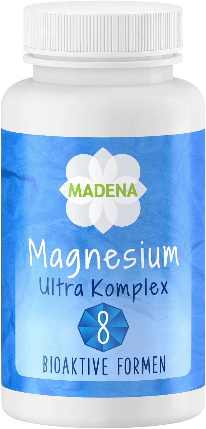 Produktbild von MADENA Magnesium Ultra Komplex, 8 bioaktive und organische Formen, 400mg elementares Magnesium, 120 Kapseln hochdosiert und vegan, mit Bisglycinat, Magnesium Citrat, Orotat
