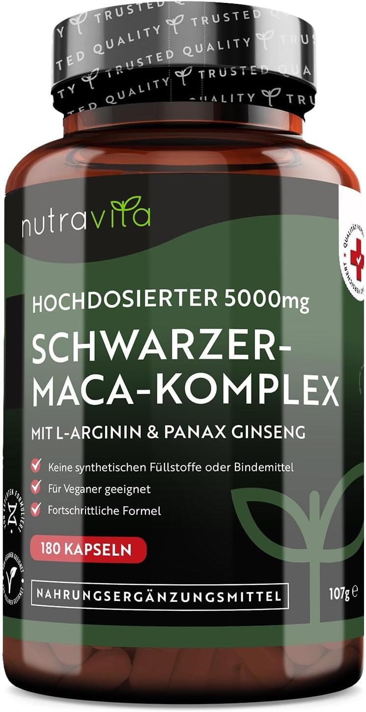 Produktbild von Bewertung nutravita Maca Kapseln schwarz Hochdosiert mit 5000mg 180 vegane Kapseln Zusätzlich mit Panax Gingseng und L-Arginin Laborgetestet in Deutschland Ohne Zusätze und GVO Frei 6 Monatsvorrat