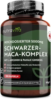 Produktbild von Bewertung nutravita Maca Kapseln schwarz Hochdosiert mit 5000mg 180 vegane Kapseln Zusätzlich mit Panax Gingseng und L-Arginin Laborgetestet in Deutschland Ohne Zusätze und GVO Frei 6 Monatsvorrat