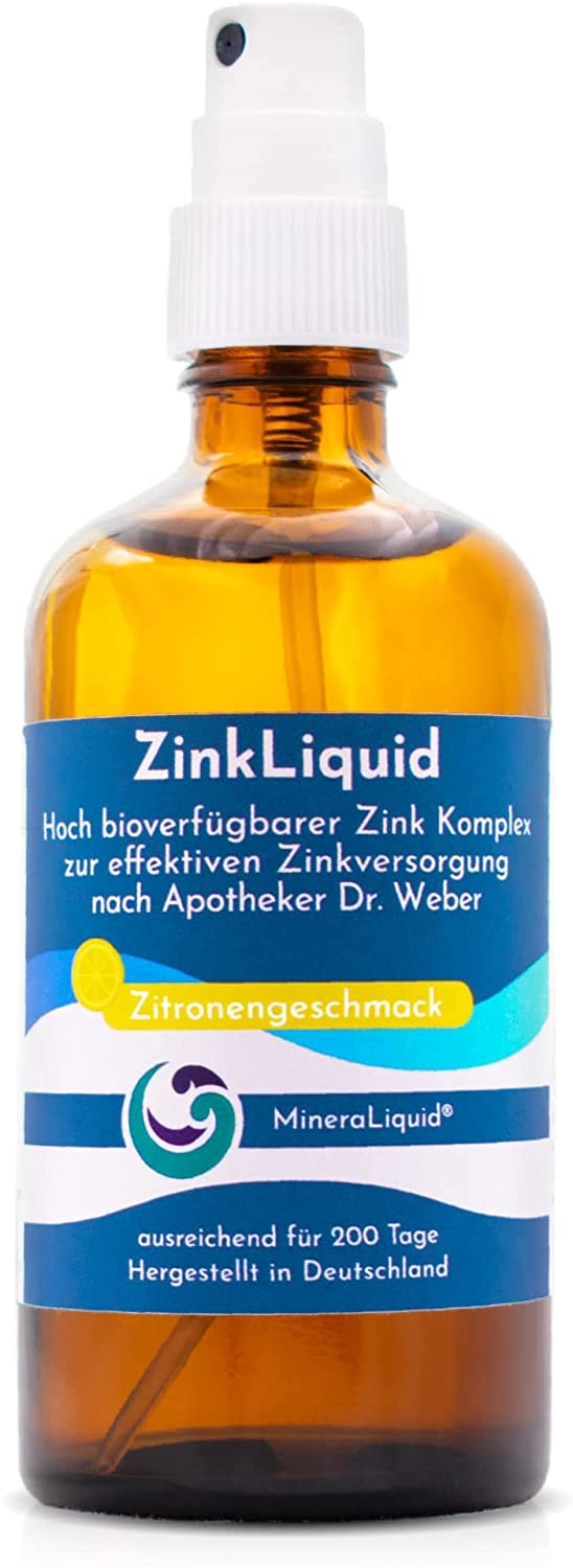 Produktbild von MineraLiquid Zink Tropfen Spray – 100ml Zink Komplex mit Zink-Sulfat und Zink-Bisglycinat – hochdosiert, ohne Alkohol, vegan & in Deutschland produziert – (Pumpzerstäuber)