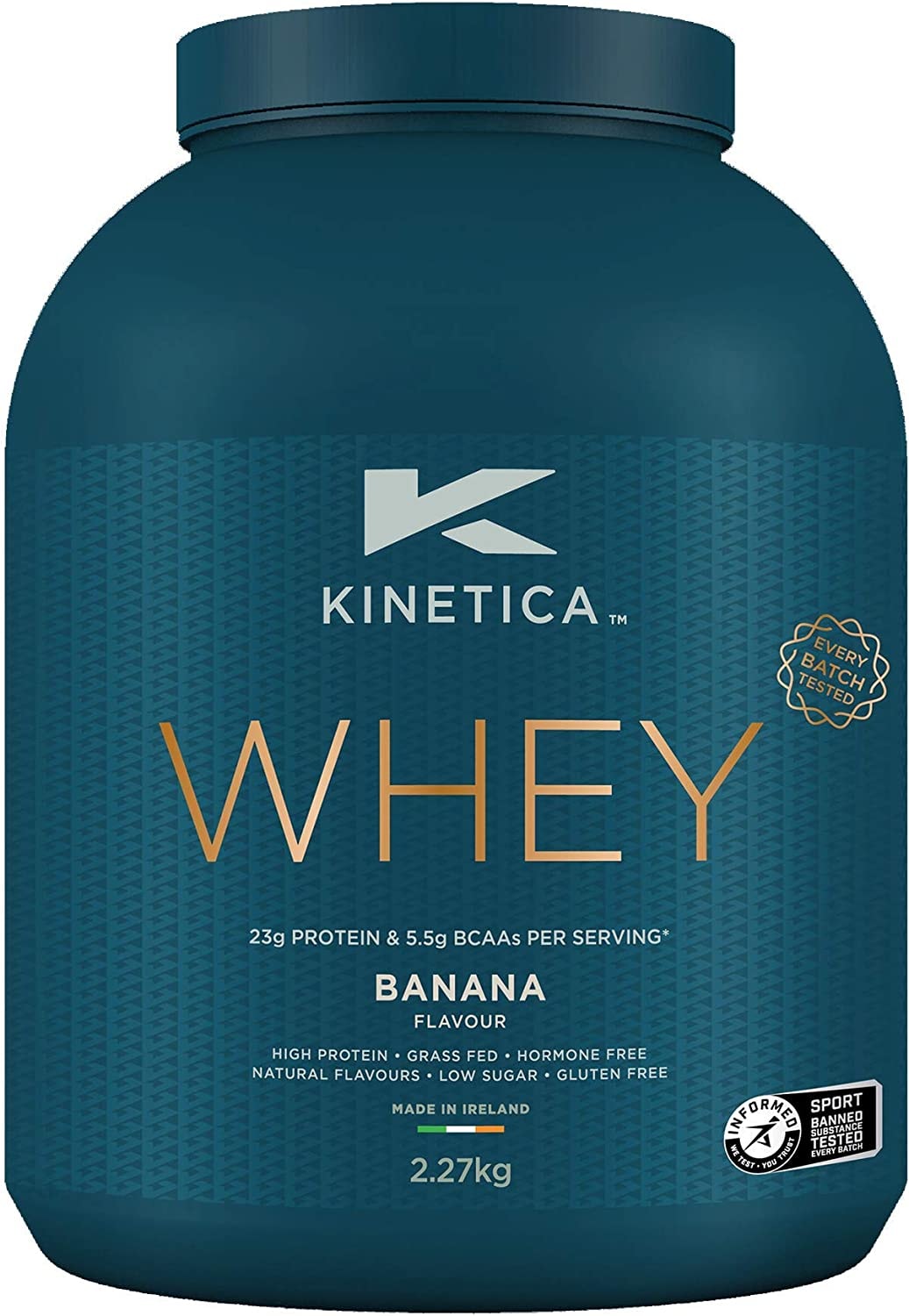 Produktbild von Expertenbewertung Kinetica Whey Protein Pulver Banane 2,27kg, Whey Protein, 23g Protein, 76 Portionen inkl. gratis Messbecher, Eiweißpulver, Whey Protein Pulver aus EU Weidehaltung, Super Löslichkeit u. reiner Geschmack