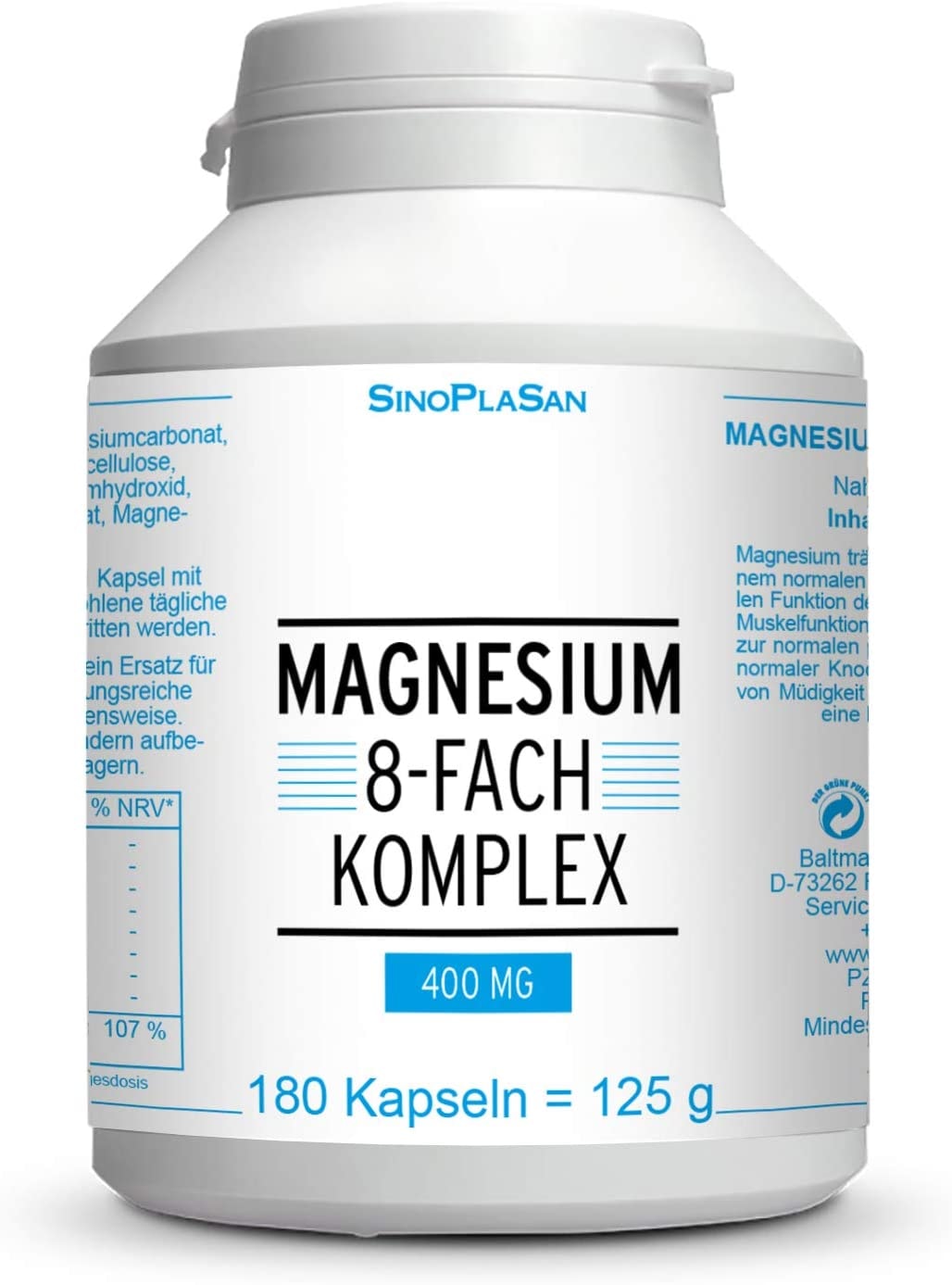 Sinoplasan - Magnesium 8-fach Komplex 400 mg || 180 Kapseln || 400 mg elementares Magnesium || 8 verschiedene Magnesiumarten || SinoPlaSan