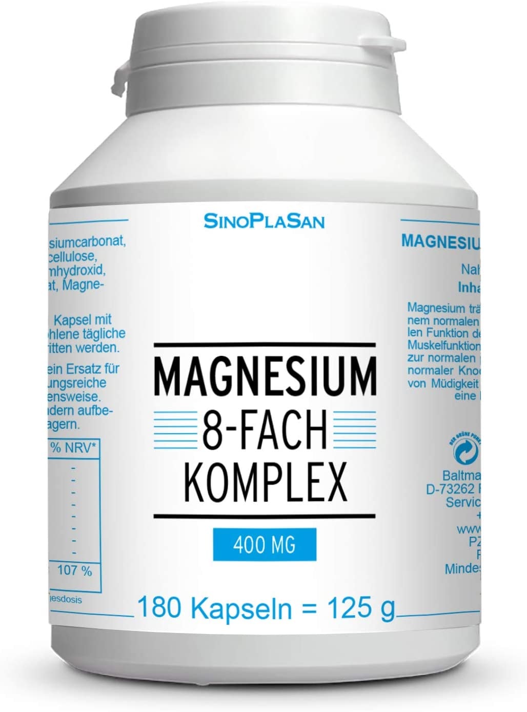 Produktbild von Sinoplasan - Magnesium 8-fach Komplex 400 mg || 180 Kapseln || 400 mg elementares Magnesium || 8 verschiedene Magnesiumarten || SinoPlaSan