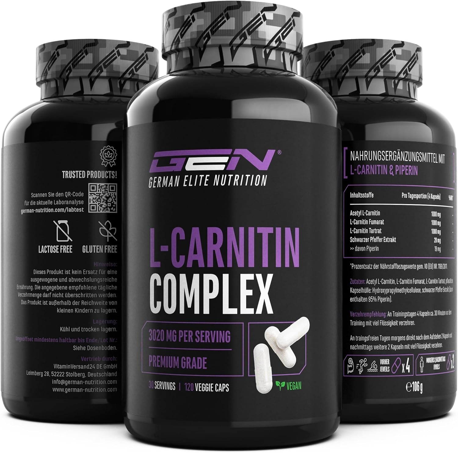Produktbild von Bewertung GEN GERMAN ELITE NUTRITION L-Carnitin Triple Komplex 3000 mg je Tagesportion Premium Komplex aus Acetyl-L-Carnitin L-Carnitin Tartrat Carnitin Fumarat 120 Kapseln
