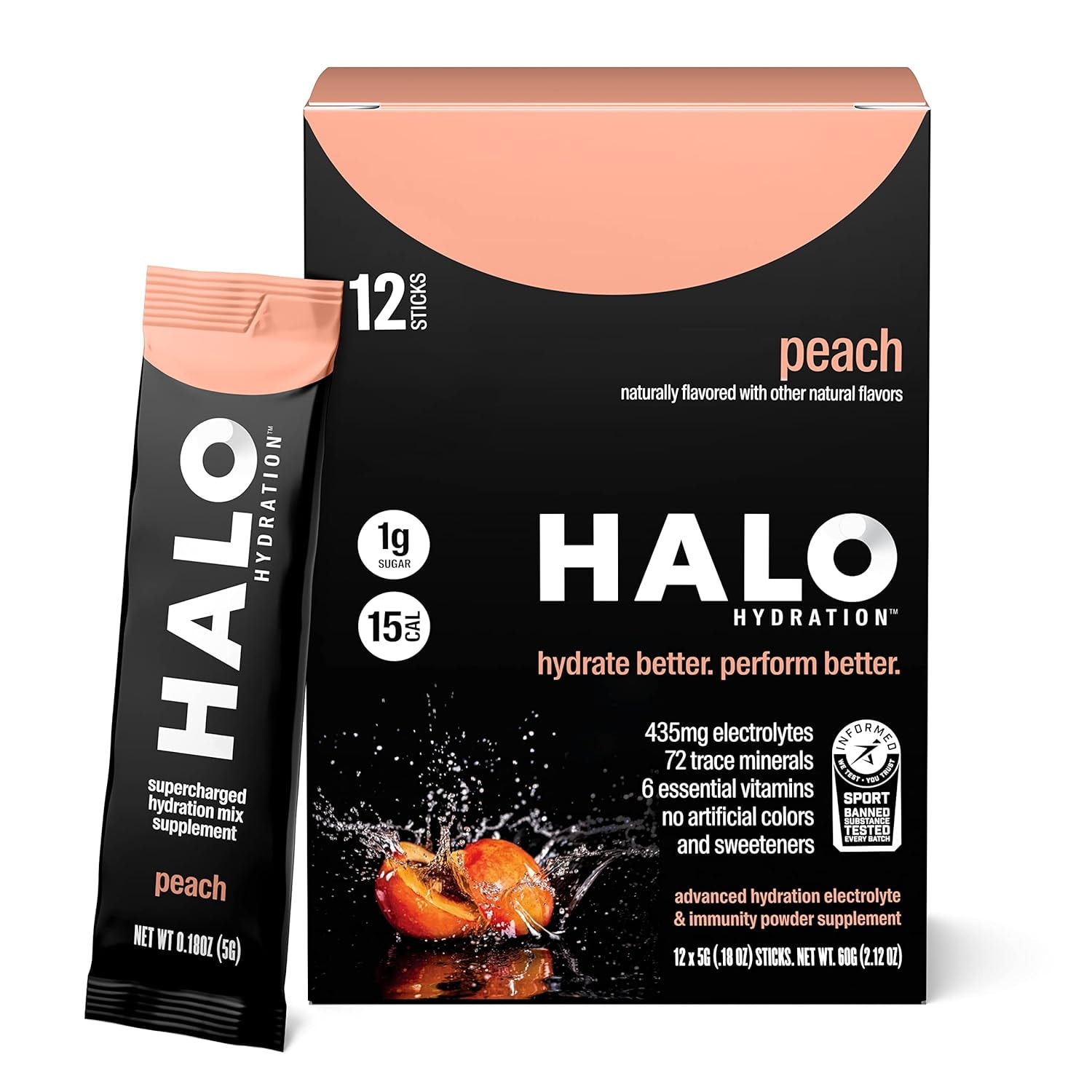 Produktbild von Bewertung HALO Sport Hydration Peach Elektrolyt Getränkepulver Nahrungsergänzungsmittel zur Hydration mit Vitamin C und Zink Keto vegan & kalorienarm
