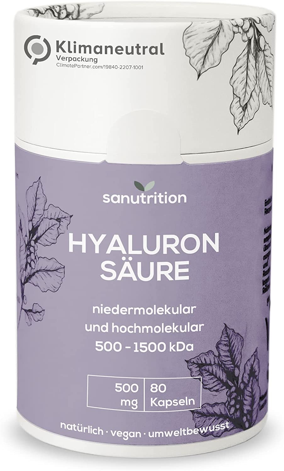 Produktbild von Bewertung sanutrition Hyaluronsäure 500 mg pro Kapsel 80 Kapseln Hochdosiert 500 – 1500 kDa Niedermolekular und hochmolekulare Form gute Bioverfügbarkeit und Verträglichkeit Vegan
