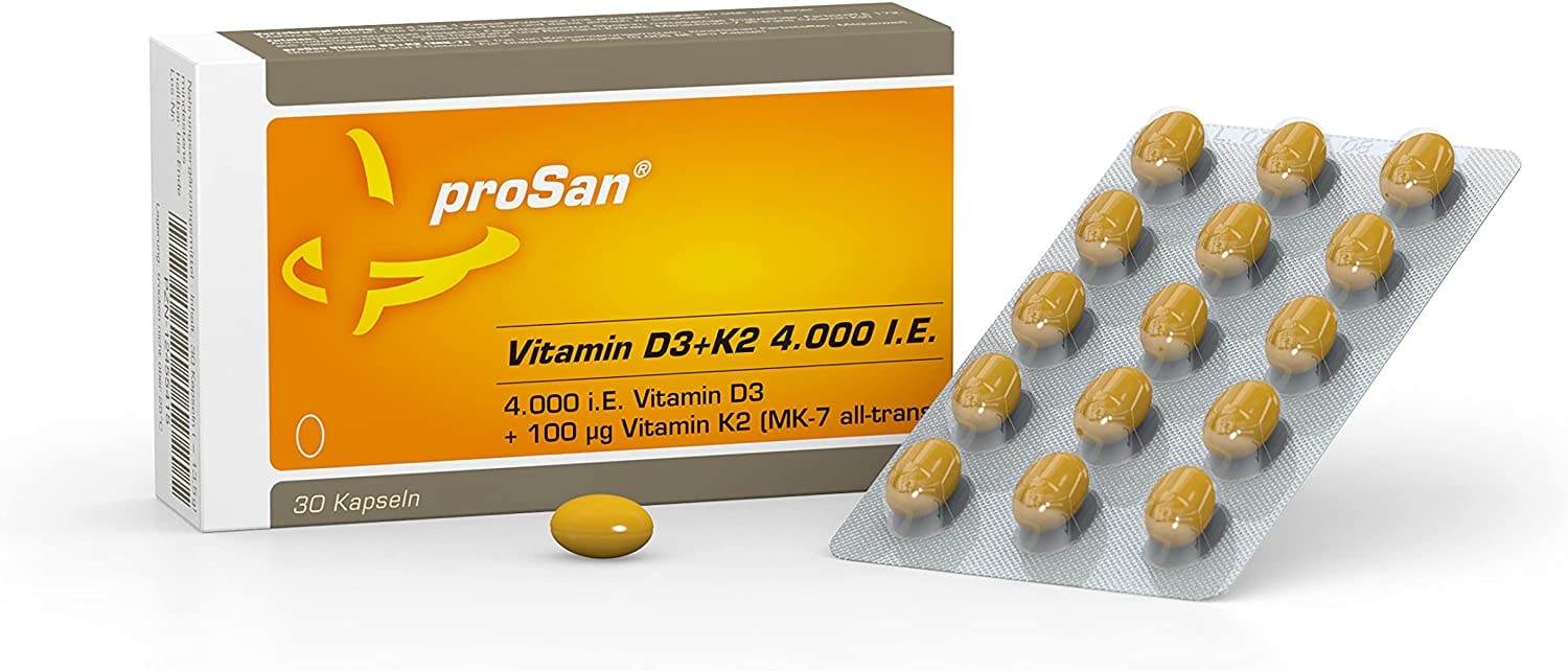 Produktbild von proSan Vitamin D3+K2 4.000 I.E. - 30 Kapseln - hochdosiert - 4.000 I.E. Vitamin D3 + 100% NATÜRLICHES Vitamin K2 All-Trans 100 µg - hohe Bioverfügbarkeit - in Deutschland hergestellt - kleine Kapseln