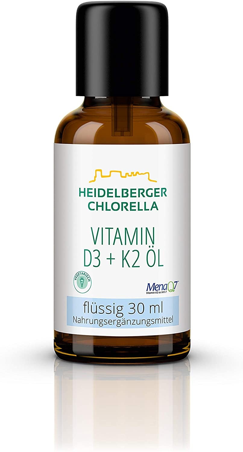 Produktbild von Bewertung Heidelberger Chlorella Vitamin D3 mit K2 Öl in optimaler flüssiger Dosierung vegetarisch, erdnuss- und sojafrei, hergestellt in Deutschland, 30 ml (600 Tropfen), 20 µg / 800 I.E.