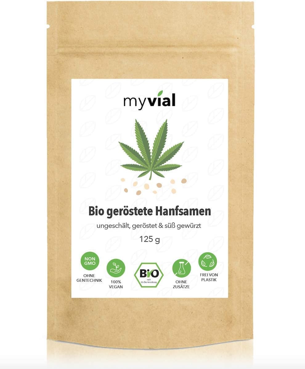 myvial® Bio Hanfsamen geröstet 250g vegan glutenfrei - 100% Lecker: ungeschält geröstet & süß gewürzt - Gesunder Superfood Protein Snack - Vegane Süßigkeiten für eine bessere Verdauung