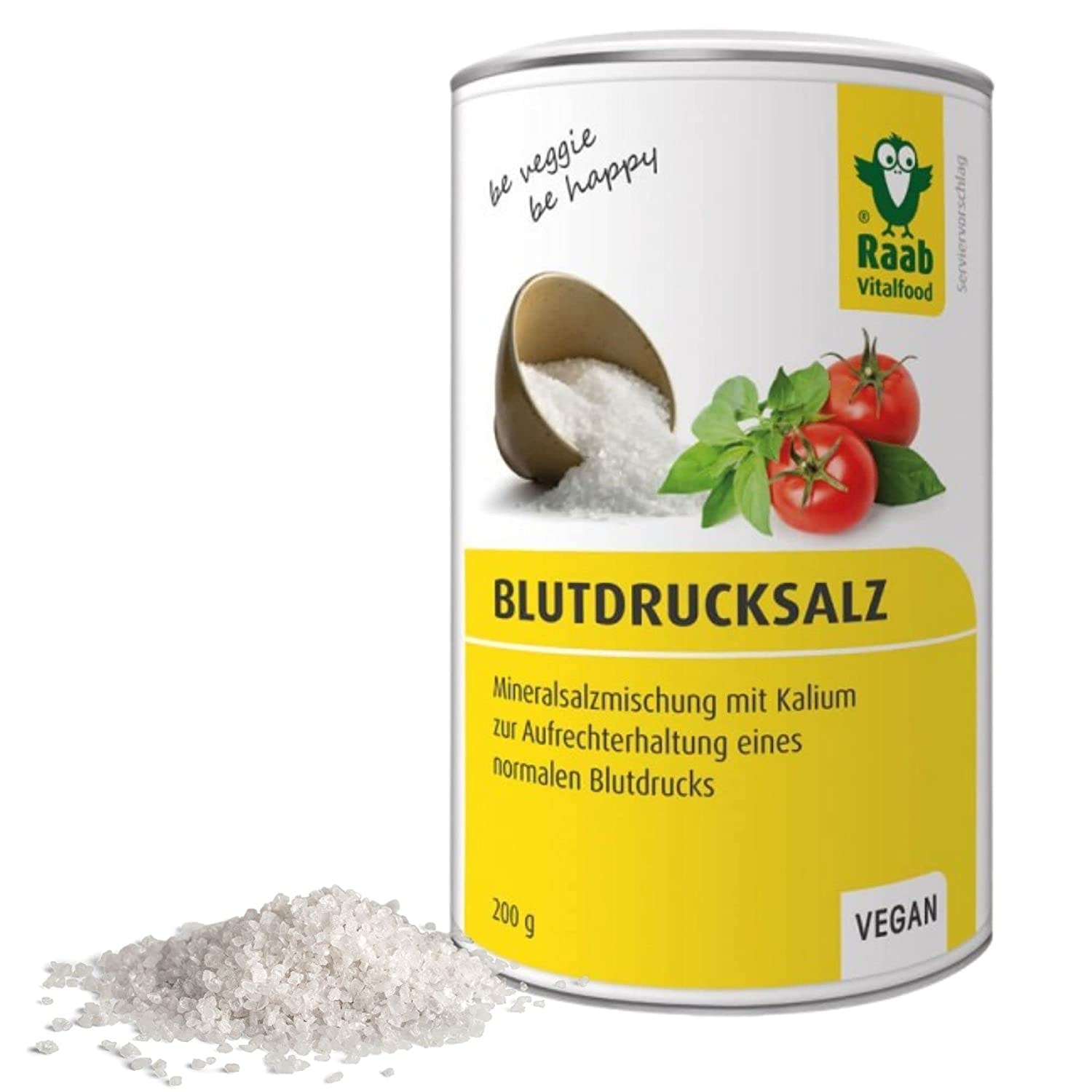 Produktbild von Raab Vitalfood LowNat Blutdruck Salz, vegan, Mineralsalzmischung mit Kalium zur Aufrechterhaltung von einem normalen Blutdruck, 1er Pack (1 x 200 g Dose)