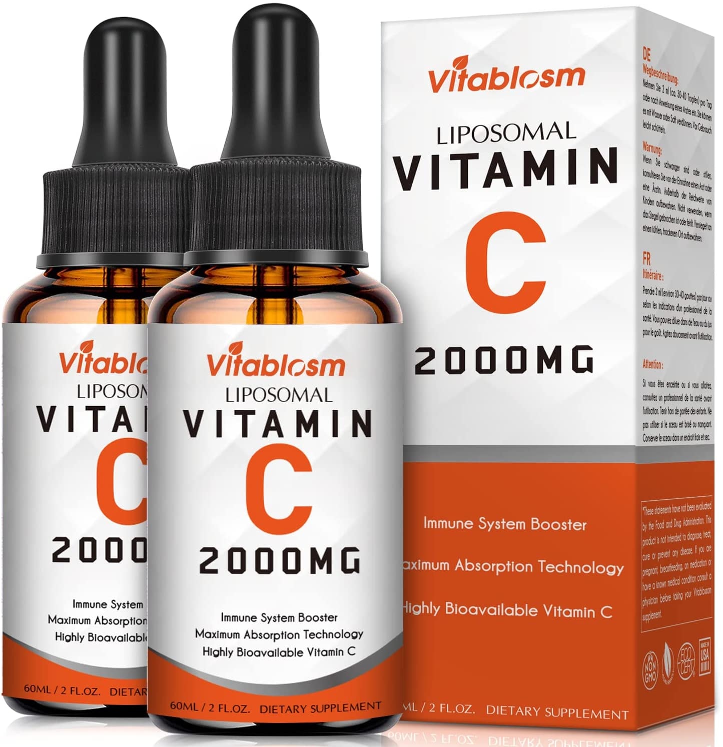 Produktbild von Vitablosm 2 Flaschen Maximale Absorption Liposomales Vitamin C | Fettlösliche VIT C | Nicht GVO | Vegan freundlich