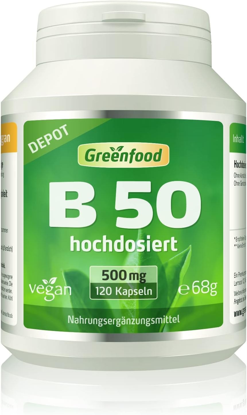 Produktbild von Bewertung Greenfood B 50 alle 10 Vitamine der B Gruppe hochdosiert plus PABA Depot 120 Kapseln mit einem Anteil von B-Vitaminen aus natürlicher Quelle