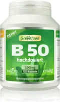 Produktbild von Bewertung Greenfood B 50 alle 10 Vitamine der B Gruppe hochdosiert plus PABA Depot 120 Kapseln mit einem Anteil von B-Vitaminen aus natürlicher Quelle OHNE künstliche Zusätze Glutenfrei Lactosefrei Vegan