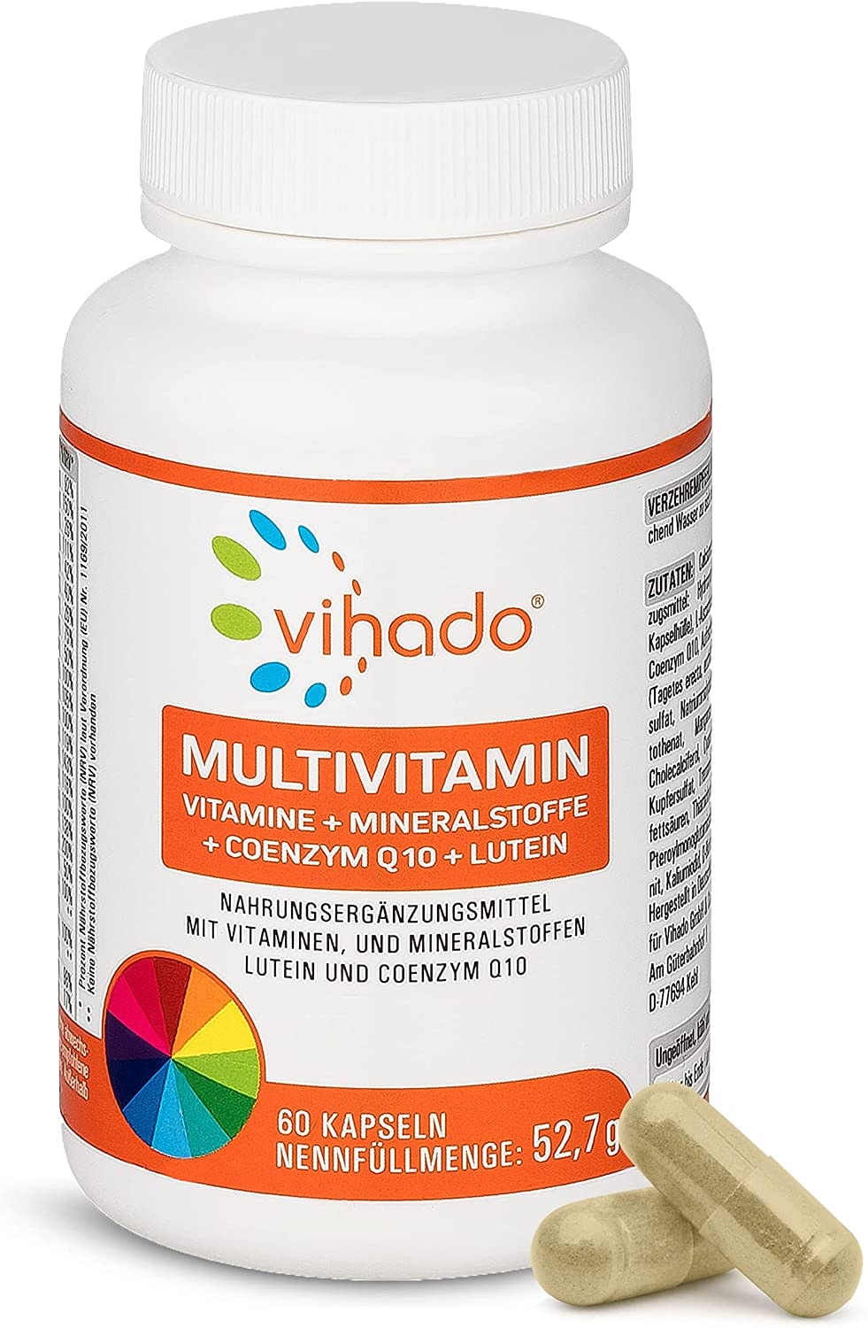 Produktbild von Vihado Multivitamin – Vitamine A-Z und Multimineral-Komplex – 26 Vitamine und Mineralstoffe hochdosiert – Nahrungsergänzungsmittel mit Q10, Zink und Tagetes Erecta – 1 Kapsel/Tag, 60 Kapseln