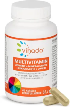 Produktbild von Vihado Multivitamin – Vitamine A-Z und Multimineral-Komplex – 26 Vitamine und Mineralstoffe hochdosiert – Nahrungsergänzungsmittel mit Q10, Zink und Tagetes Erecta – 1 Kapsel/Tag, 60 Kapseln
