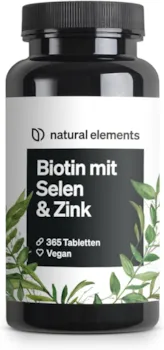 Produktbild von natural elements Biotin Selen Zink für Haut Haare Nägel 365 vegane Tabletten Premium Verbindungen z.B. von Albion® Ohne Magnesiumstearat laborgeprüft in Deutschland produziert