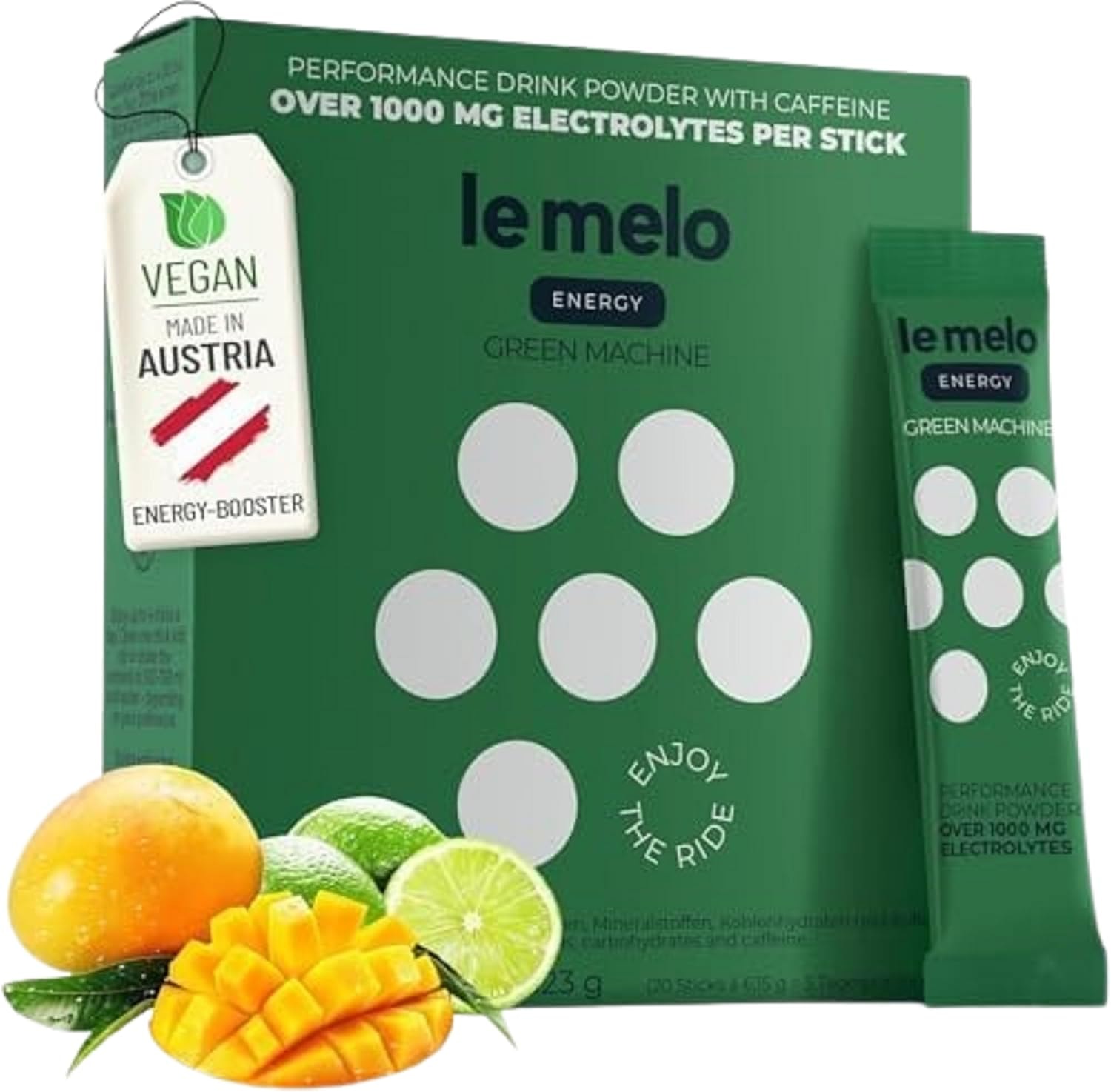 Produktbild von Bewertung le melo®  ENERGY GREEN MACHINE Mango Limette Elektrolytgetränk mit 80mg Koffein 20 Sticks 1.000+ mg Elektrolyte Vitamine & Mineralstoffe Optimiert Wasseraufnahme Für Sport & Alltag