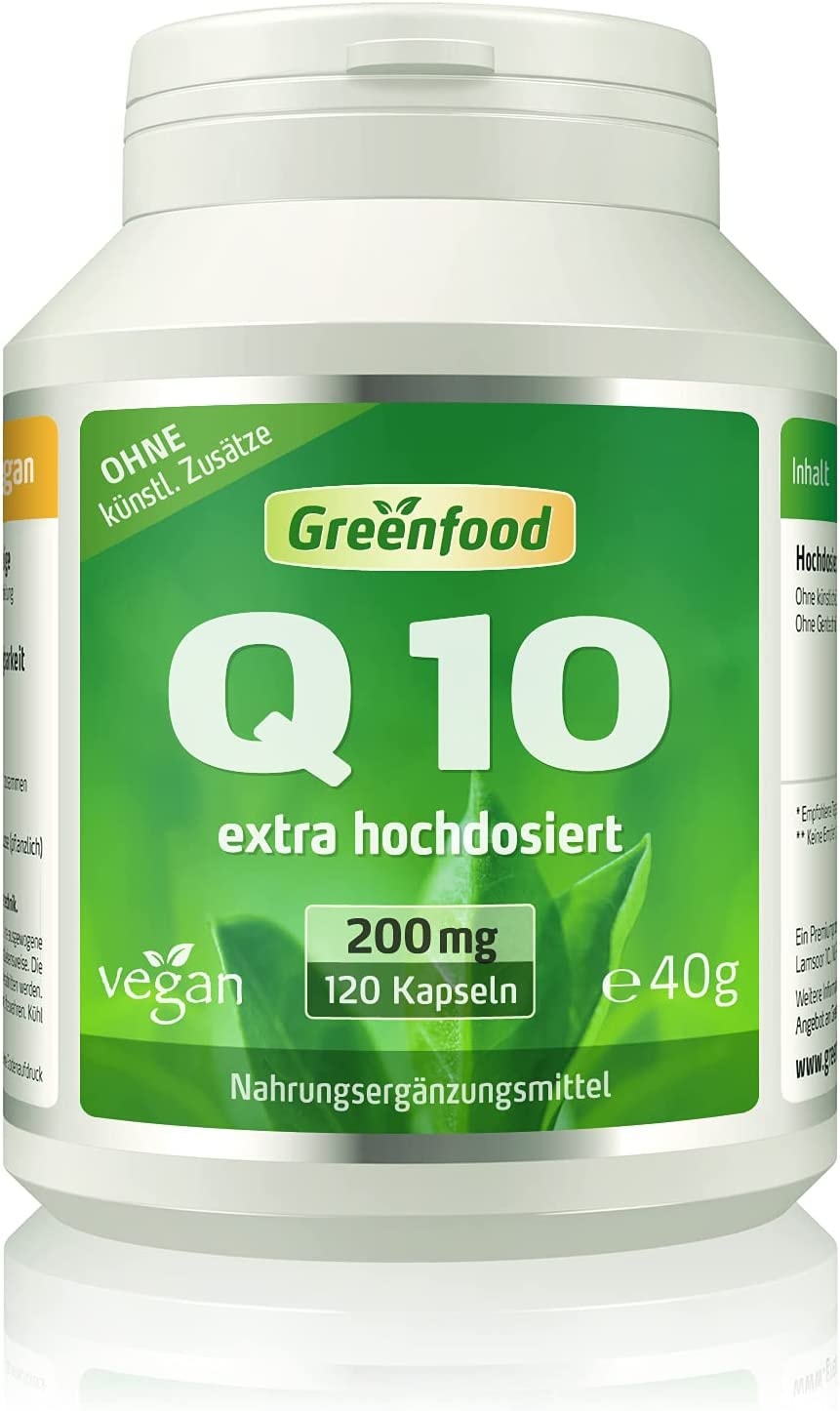 Produktbild von Greenfood Q10, 200 mg, 120 Kapseln, vegan, extra hochdosiert mit Vitamin E (erhöht die Aufnahme), natürlich gewonnen aus Algen, ohne Zusatzstoffe.
