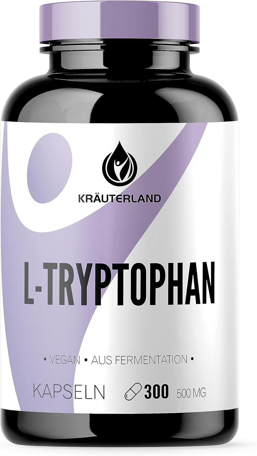 Produktbild von Bewertung Kräuterland L-Tryptophan 300 Kapseln vegan hochdosiert mit 500mg L Tryptophan Pulver pflanzlich fermentiert in Premium Qualität