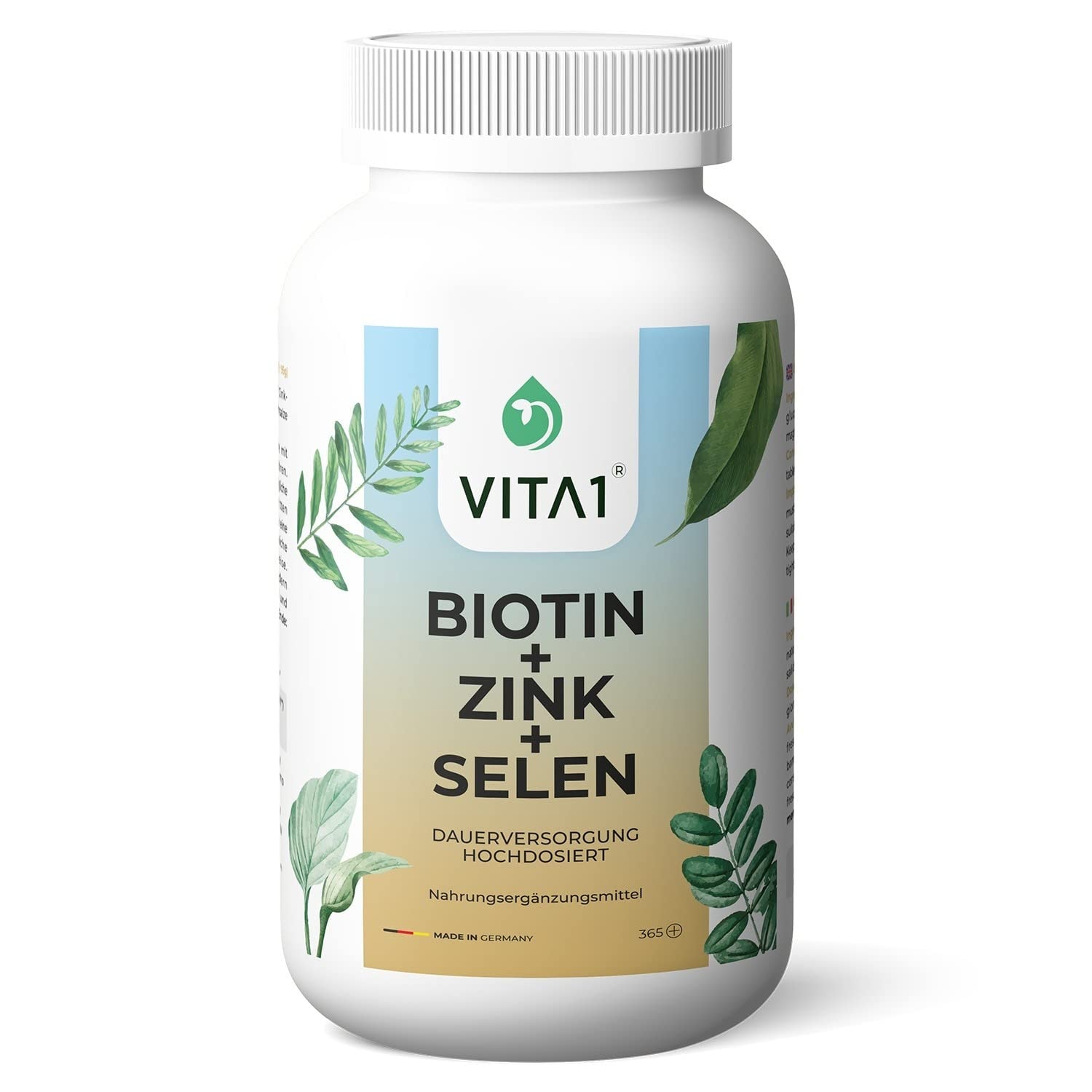 Produktbild von VITA 1 Biotin Komplex 365 Tabletten Jahrespackung Vegan Haar-Power Vitamin B7 Biotin 10.000 mcg Biotin Zink Selen hochdosiert 100% vegan | Von VITA1