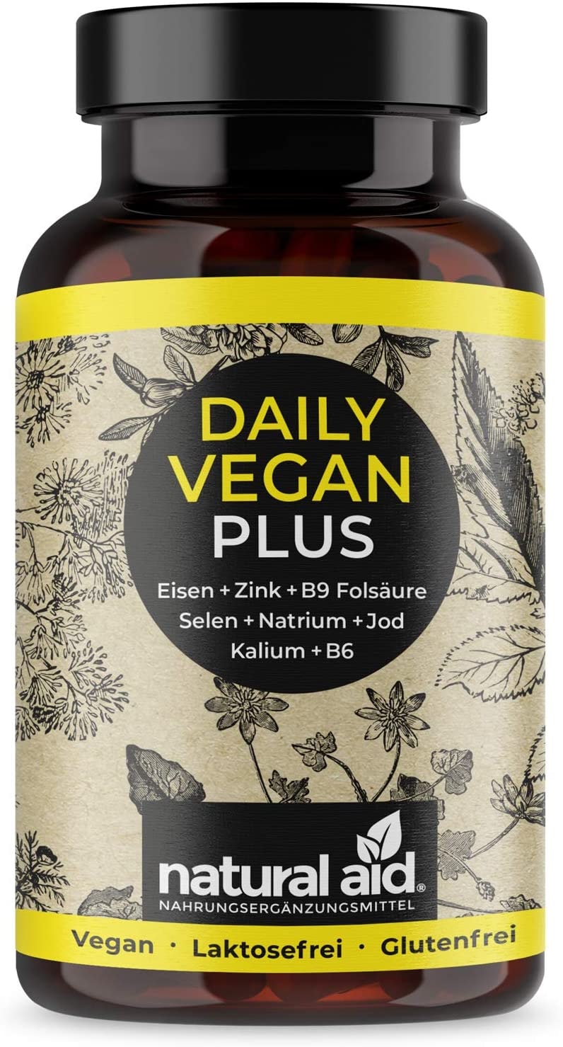 Produktbild von natural aid Daily Vegan PLUS - Eisen+Zink+B9 Folsäure+Selen+Natrium+Jod+Kalium+B6, 120 Kapseln (4 Monats-Vorrat)