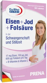 EuRhoVITAL - Eisen + Jod + Folsäure Tabletten | Alle Nährstoffe für Schwangerschaft und Stillzeit | Monatspackung mit 30 Tabletten | EuRho® Vital – Made in Germany