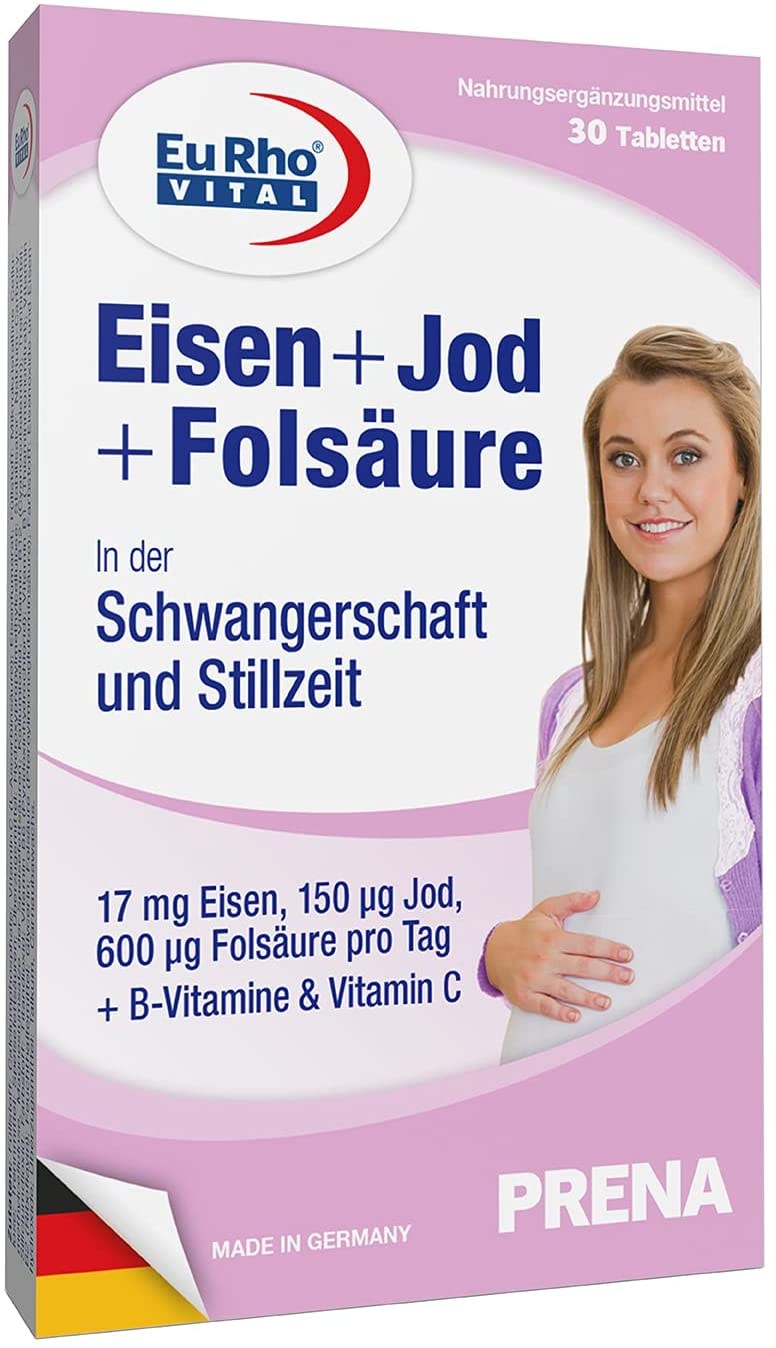 Produktbild von EuRhoVITAL - Eisen + Jod + Folsäure Tabletten | Alle Nährstoffe für Schwangerschaft und Stillzeit | Monatspackung mit 30 Tabletten | EuRho® Vital – Made in Germany