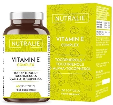 Nutralie Vitamin E Maximaler Natürlicher Aufnahme | Antioxidativer Zellschutz mit 8 Molekülen von Tocopherolen und Tocotrienolen | 60 Kapseln Flussig Nutralie