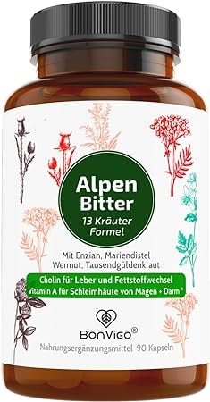 Produktbild von Bewertung BonVigo AlpenBitter 90 Bitter Kapseln mit Enzian Wermut Löwenzahn Tausendgüldenkraut Cholin unterstützt Leber Fettstoffwechsel Verdauung 12 Kräuter Formel nach Magenbitter Klosterrezept
