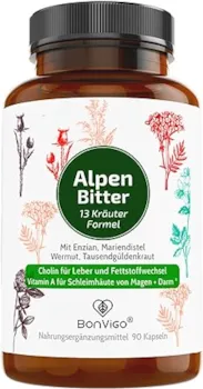 Produktbild von Bewertung BonVigo AlpenBitter 90 Bitter Kapseln mit Enzian Wermut Löwenzahn Tausendgüldenkraut Cholin unterstützt Leber Fettstoffwechsel Verdauung 12 Kräuter Formel nach Magenbitter Klosterrezept