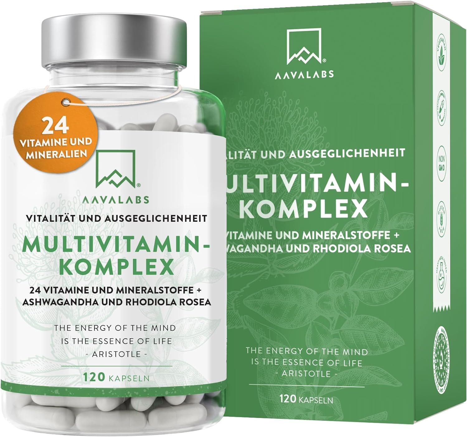 Produktbild von Bewertung AAVALABS Multivitamin Kapseln 24 Vitamin Komplex Mineralien Ashwagandha Rhodiola Rosea Vitamine A-Z hochdosiert Mineralstoffe Komplex inkl VitaminA Vitamin D3 K2 B12 VitaminC Zink Magnesium 120 Kapseln