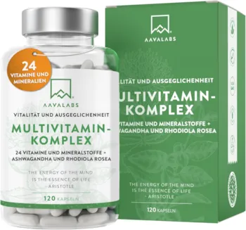 Produktbild von Bewertung AAVALABS Multivitamin Kapseln 24 Vitamin Komplex Mineralien Ashwagandha Rhodiola Rosea Vitamine A-Z hochdosiert Mineralstoffe Komplex inkl VitaminA Vitamin D3 K2 B12 VitaminC Zink Magnesium 120 Kapseln