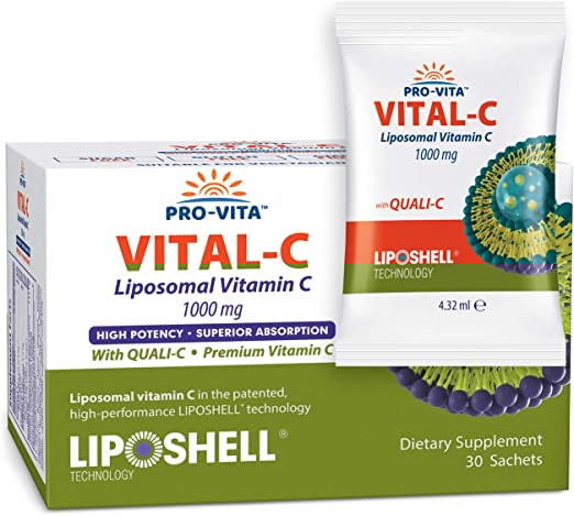Produktbild von PRO VITA Liposomales Vitamin C 1000 mg x 30 Päckchen, Europäisches Quali-C Vitamin C, Höchste Bioverfügbarkeit, Kollagen- und Immunsystem-Booster, Bestes Lypo Spheric Vitamin C gegen Hautalterung