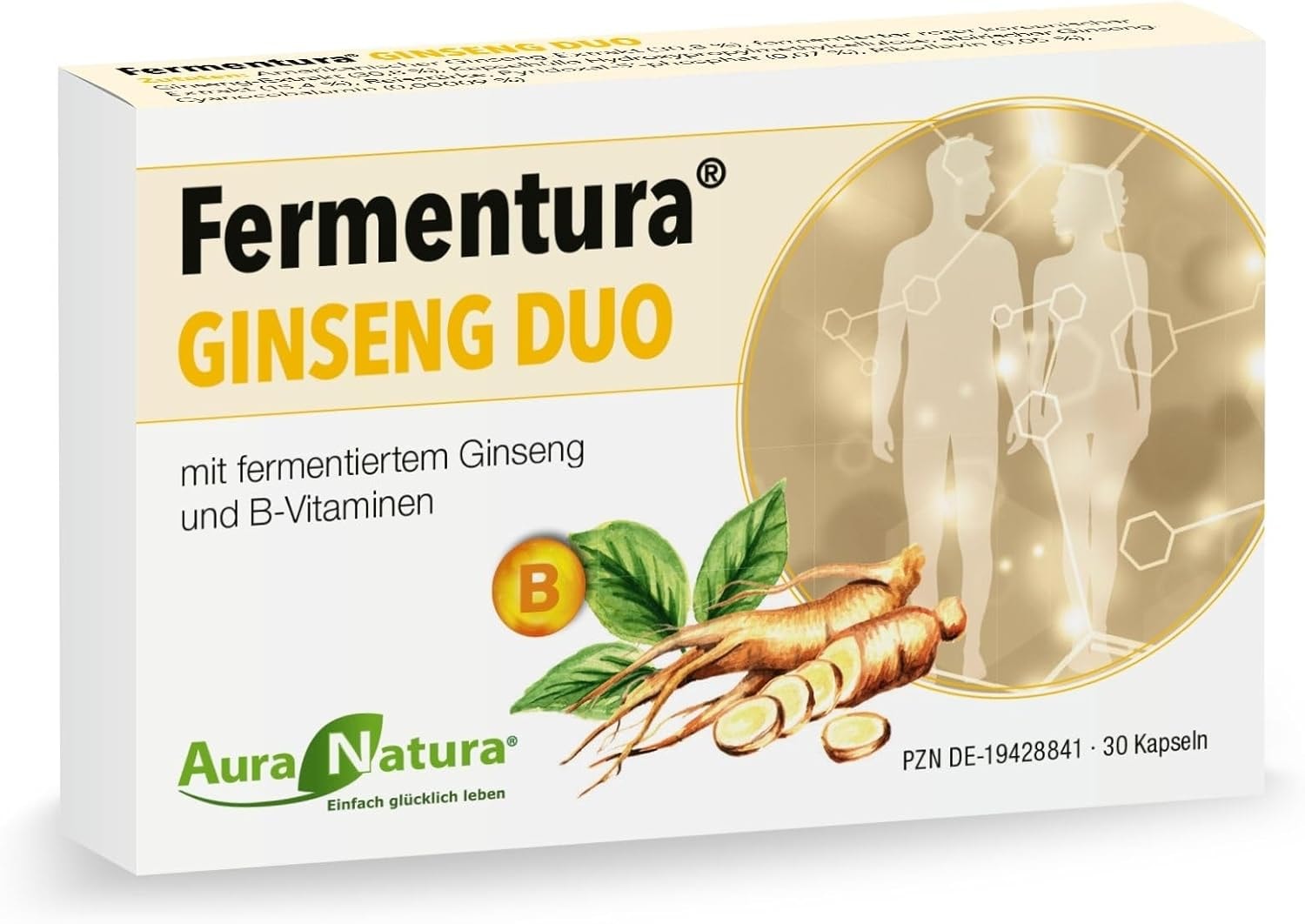 Produktbild von Bewertung Aura Natura Fermentura Ginseng Duo Kapseln Fermentierter Extrakt mit 3 verschiedenen Ginseng Sorten Enthält Vitamin B2 B6 B12