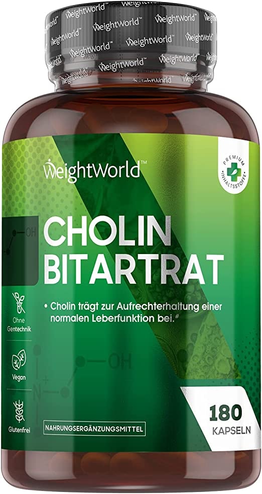 Produktbild von WeightWorld Bitartrat - 180 vegane Kapseln mit aktivem Cholin Pulver - 6 Monate Vorrat - Choline Bitartrate trägt zur Aufrechterhaltung einer normalen Leberfunktion bei (EFSA) - Natürliche Inhaltsstoffe