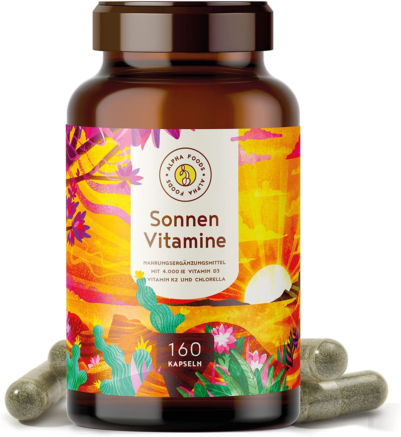Produktbild von Alpha Foods 4.000 Vitamin D3, K2 (vitaMK-7, 99,99% All-Trans) und pflanzliche Omega 3 Fettsäuren aus Leinsamen und Algen - SONNENVITAMINE - Ohne Zusatzstoffe, ohne Hilfsstoffe - 160 Vitamin D Depot-Kapseln