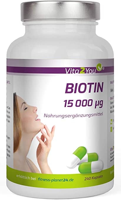 Produktbild von Vita2You Biotin 15.000 mcg (Vitamin B7) 240 Kapseln - Hochdosiert mit 15mg - Für Haut und Haare - Premium Qualität - Made in Germany